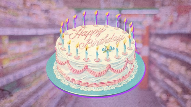 A retro birthday cake and image of supermarket aisle