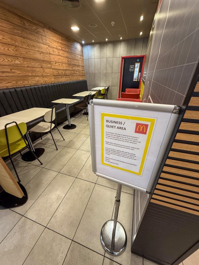 Picture supplied by Bav Media 07976 880732. Picture dated July 19th shows the quiet area in McDonalds in Whitefield,Manchester, the only one in the UK. A McDonald???s restaurant in Manchester has become the FIRST in the UK to offer a dedicated QUIET BUSINESS area for remote workers. The branch in Whitefield has sectioned off part of its restaurant as a quiet area for ???laptop users??? who are ???lovin it??? so much they can now use it as an office. Mobile workers over 16 can now SUPERSIZE their McDonald???s experience on weekdays by working in the dedicated quiet area ??? which even offers additional power sockets under the seats. The area can also be booked in advance by companies for group business meetings beneath the Golden Arches See copy catchline First McDonald???s branch to offer a dedicated QUIET BUSINESS area